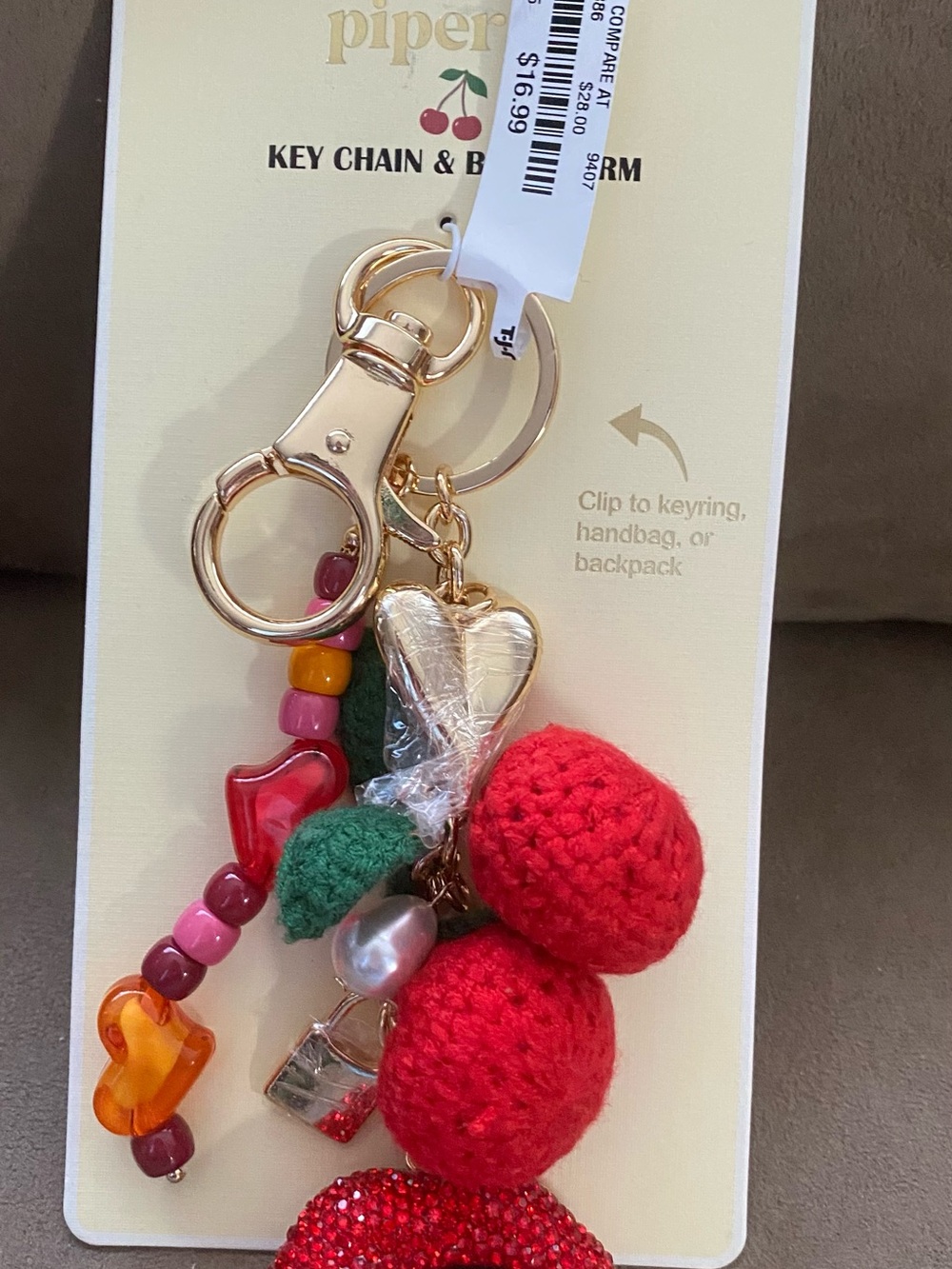Piper Red Crochet Cherry Key Chain with Gold Hardware